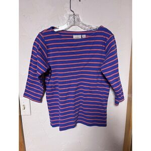 LL Bean Womens M Blue Orange Striped Boatneck 3/4 Sleeve Cotton Top